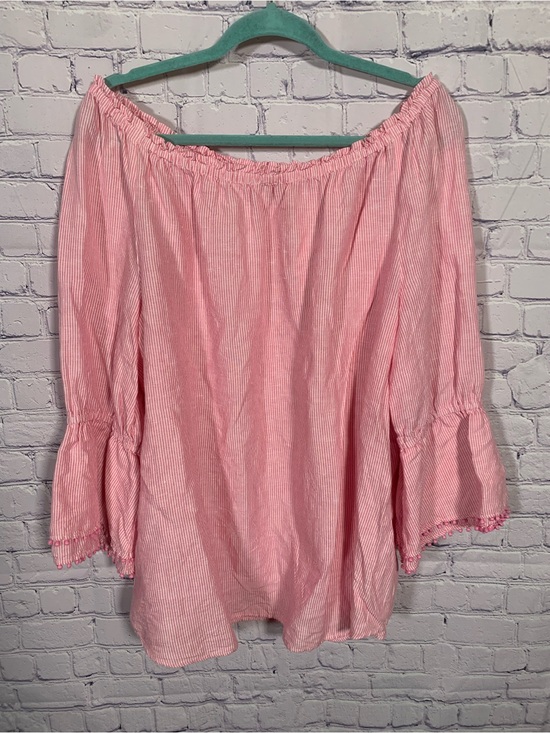 Talbots Tops - Talbots Womens Linen Blend Off the Shoulder Striped Top Pink Sz XL Preppy Casual